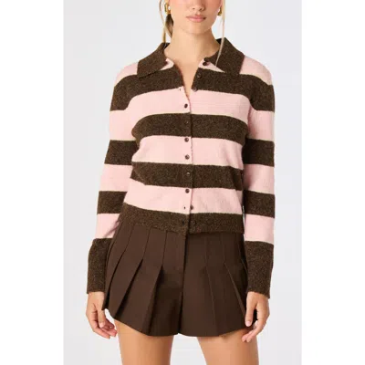 Astr The Label Margrid Stripe Cardigan In Brown Pink