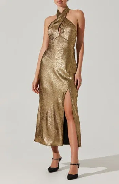 ASTR ASTR THE LABEL MARISSA GOLDEN HALTER MAXI DRESS