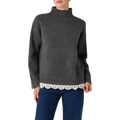 Astr The Label Marjolaine Mock Neck Eyelet Hem Sweater In Heather Grey