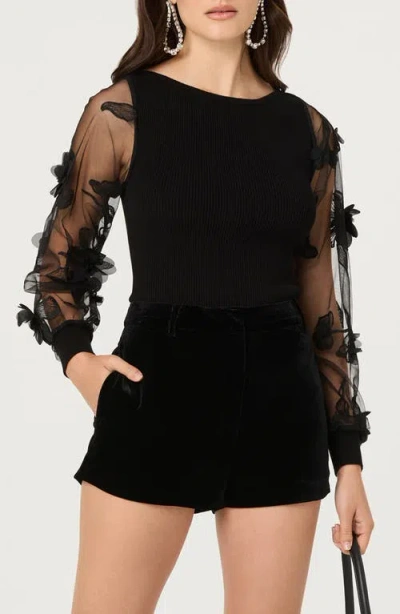 Astr The Label Meagan Floral Appliqué Sheer Sweater In Black