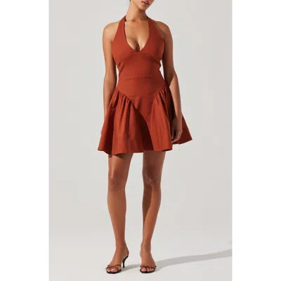 Astr The Label Meana Cotton Blend Halter Minidress In Brown