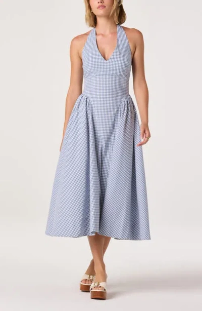 Astr The Label Meana Gingham Halter Neck Drop Waist Midi Dress In Blue