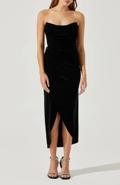 Astr The Label Meghan Ruched Strapless Velvet Midi Dress In Black