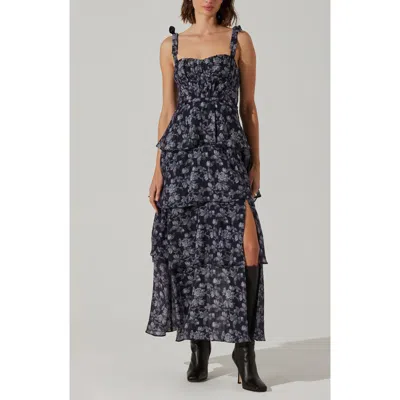 Astr The Label Mellorie Floral Tie Strap Tiered Sundress In Navy Grey