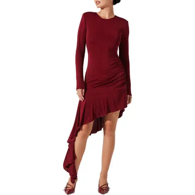 Astr The Label Metallic Long Sleeve Asymmetric Hem Minidress In Wine