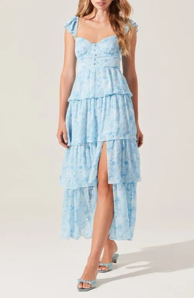 Astr The Label Midsummer Floral Print Tiered Ruffle Dress In Blue Floral
