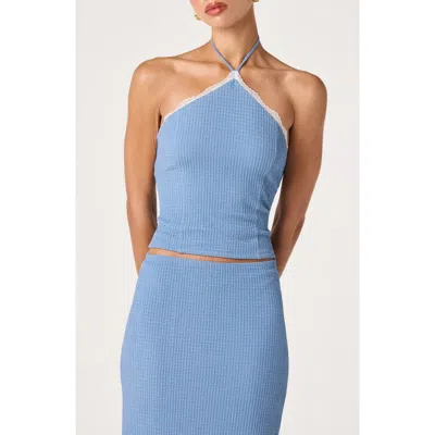 Astr The Label Milana Lace Detail Rib Halter Top In Blue