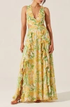Astr The Label Noya Floral Pleated Cutout Maxi Dress In Yellow Green Floral