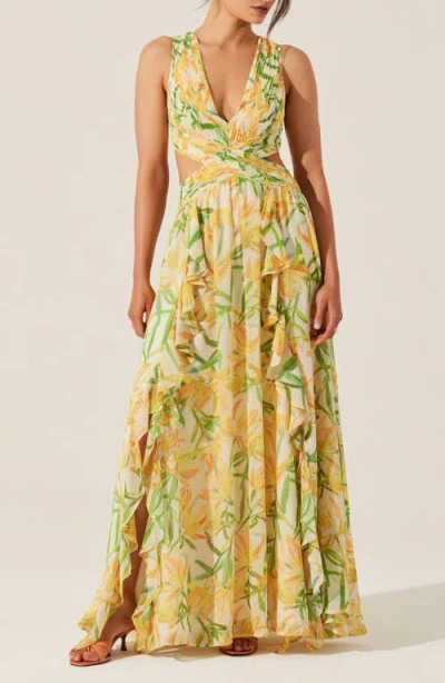 Astr The Label Noya Floral Pleated Cutout Maxi Dress In Yellow Green Floral