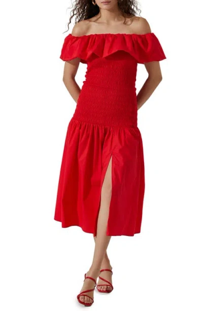 Astr The Label Off The Shoulder Cotton Midi Dress In Cherry Red