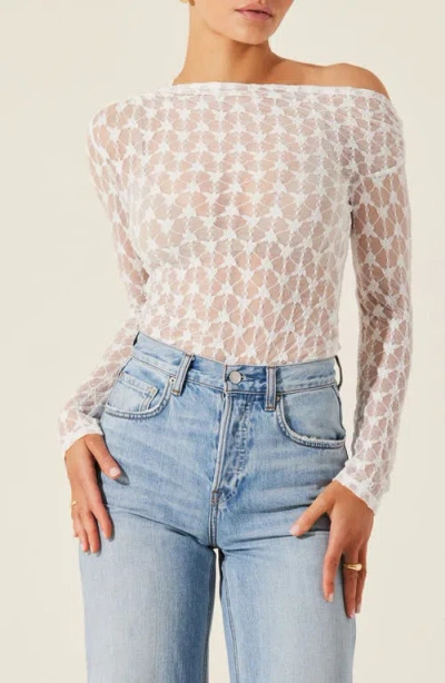 Astr The Label One-shoulder Long Sleeve Sheer Lace Top In White