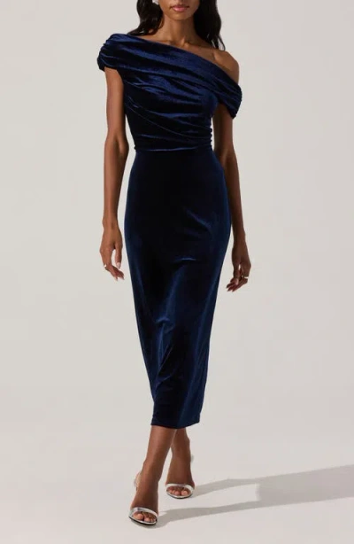 Astr The Label One-shoulder Velvet Midi Dress In Blue
