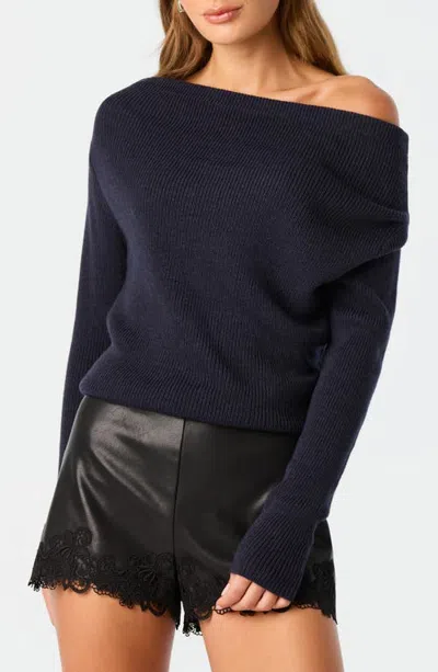 Astr The Label One-shoulder Rib Sweater In Navy