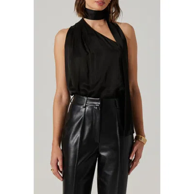 Astr The Label Partia Tie Neck One-shoulder Satin Top In Black