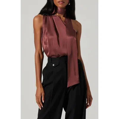 Astr The Label Partia Tie Neck One-shoulder Satin Top In Mulberry