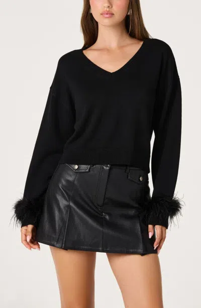 Astr The Label Perdita Feather Trim V-neck Sweater In Black