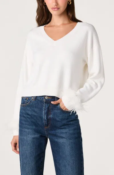 Astr The Label Perdita Feather Trim V-neck Sweater In Cream