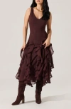 Astr The Label Philomene Ruffle Detail Midi Dress In Burgundy