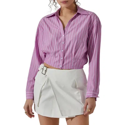 Astr The Label Pinstripe Cotton Crop Button-up Shirt In Pink Stripe
