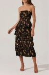 Astr The Label Plissé Asymmetric Tiered Ruffle Strapless Midi Dress In Black Fruit Print