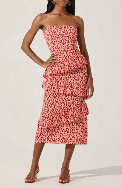 ASTR ASTR THE LABEL PLISSÉ ASYMMETRIC TIERED RUFFLE STRAPLESS MIDI DRESS