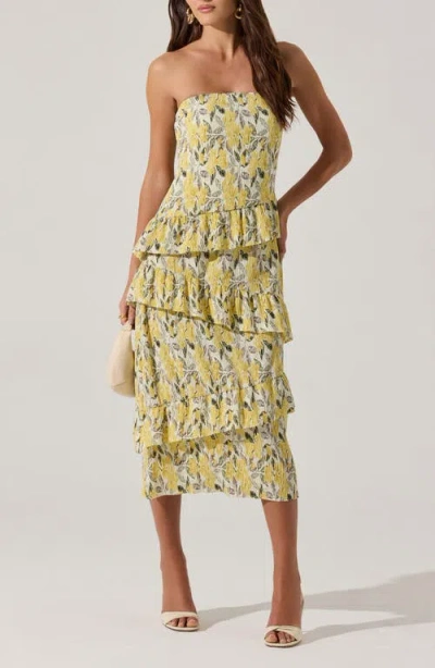 Astr The Label Plissé Asymmetric Tiered Ruffle Strapless Midi Dress In Lemon Floral