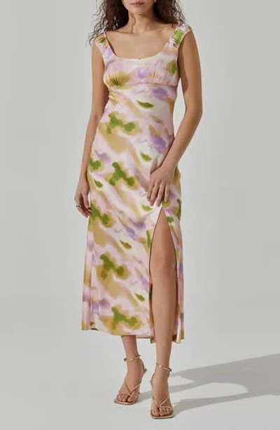 Astr The Label Printed Satin Midi Dress In Pink Green Abstract