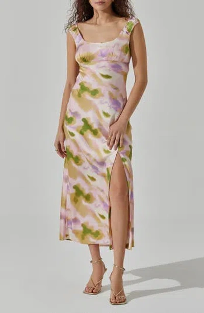 Astr The Label Printed Satin Midi Dress In Pink Green Abstract | ModeSens