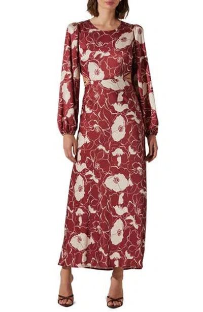 Astr The Label Quinn Floral Cutout Long Sleeve Dress In Burgundy