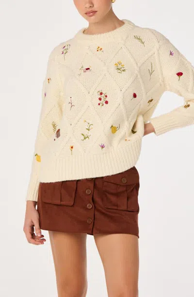 Astr The Label Rose Embroidered Diamond Cable Sweater In Ivory