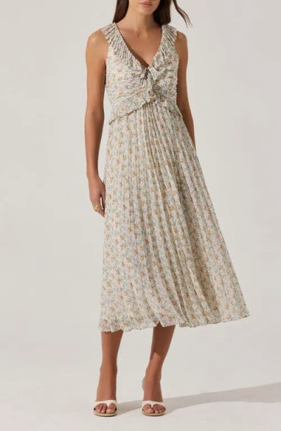 Astr The Label Ruffle Pleated Midi Sundress In Cream Multi Floral