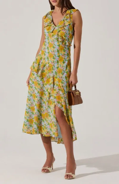 Astr The Label Ruffle Sleeveless High-low Midi Dress In Blue Multi Floral