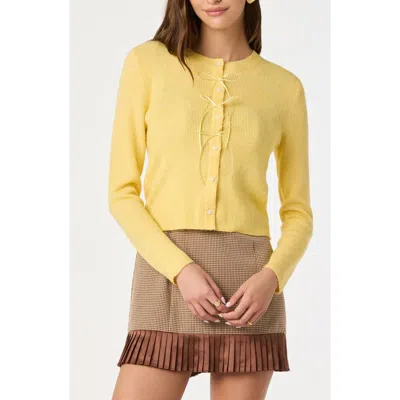 Astr The Label Satin Bow Knit Cardigan In Yellow