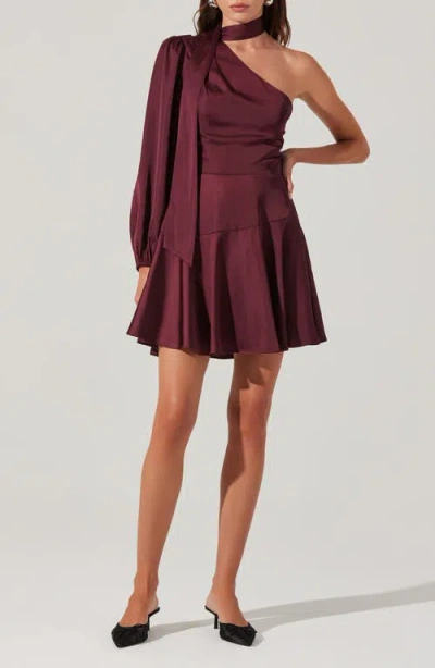 Astr The Label Satin Scarf One-shoulder Minidress In Wine
