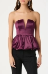 Astr The Label Satin Strapless Plunge Peplum Top In Purple