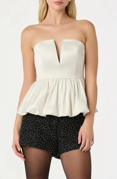 Astr The Label Satin Strapless Plunge Peplum Top In Neutral