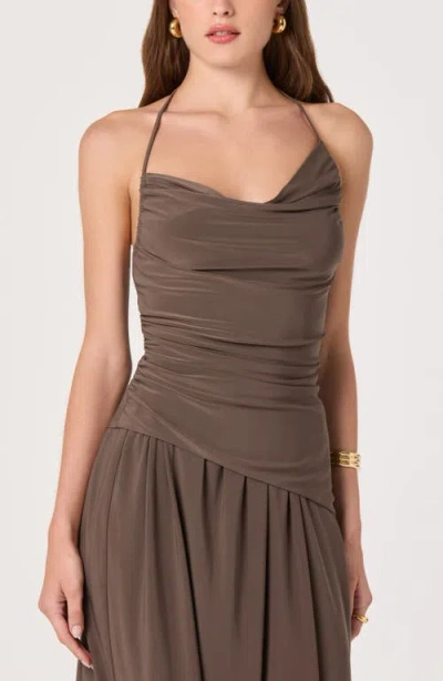 Astr The Label Savannah Ruched Cowl Neck Halter Top In Brown