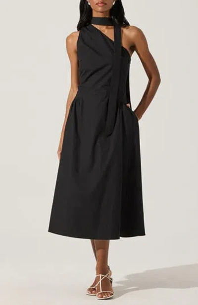 Astr The Label Scarf Cotton Poplin Fit & Flare Dress In Black