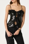 Astr The Label Sequin Ruffle Trim Tie Front Top In Black