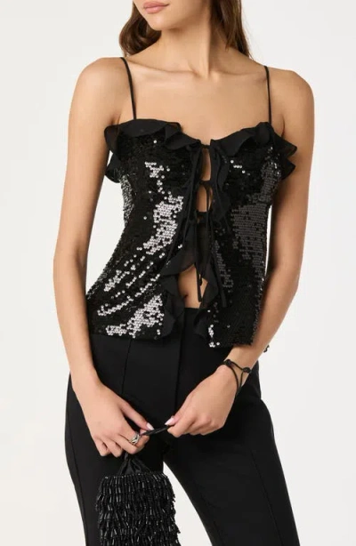 Astr The Label Sequin Ruffle Trim Tie Front Top In Black