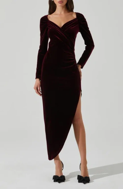Astr The Label Sirica Off The Shoulder Asymmetric Velvet Dress In Dark Wine