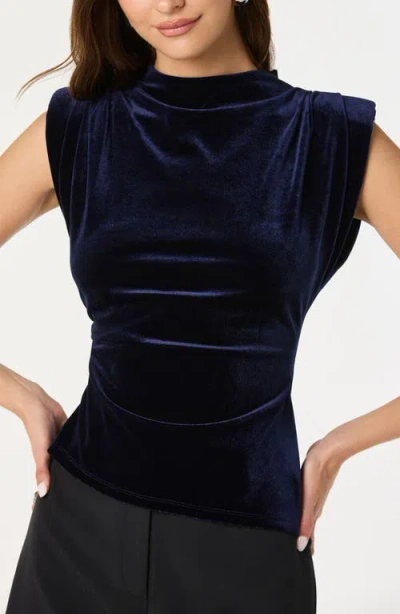 Astr The Label Strong Shoulder Velvet Top In Blue