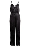 Astr The Label Surplice Neck Plissé Satin Jumpsuit In Black