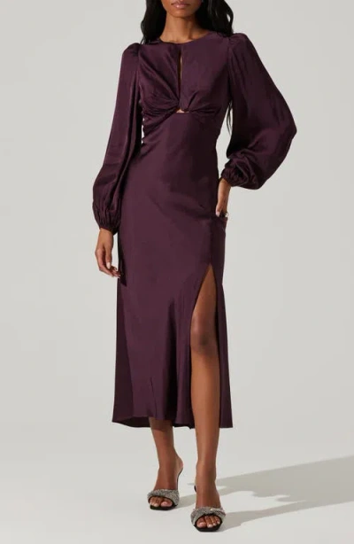 Astr The Label Suzy Cutout Long Sleeve Satin Maxi Dress In Wine