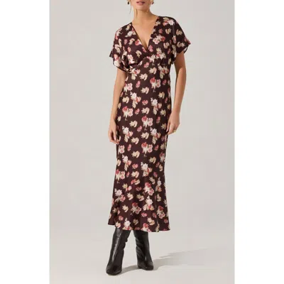 Astr The Label Talyha Floral Flutter Sleeve Maxi Dress In Brown