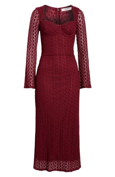 Astr The Label Tamia Long Sleeve Lace Midi Dress In Burgundy