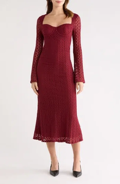 Astr The Label Tamia Long Sleeve Lace Midi Dress In Burgundy