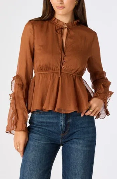 Astr The Label Tereasa Ruffle Tie Neck Peplum Top In Brown