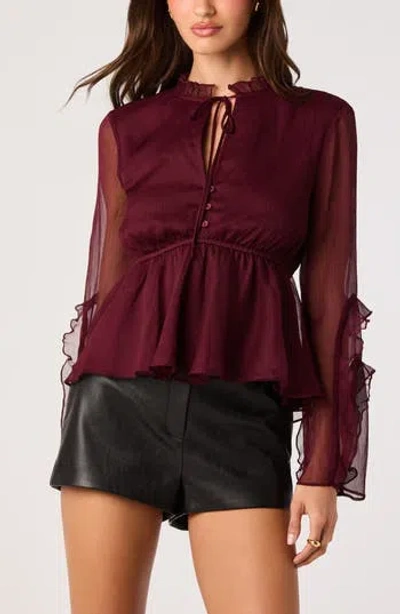 Astr The Label Tereasa Ruffle Tie Neck Peplum Top In Brown