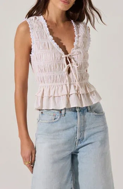 Astr The Label Tie Front Tiered Hem Top In White Beige Stripe